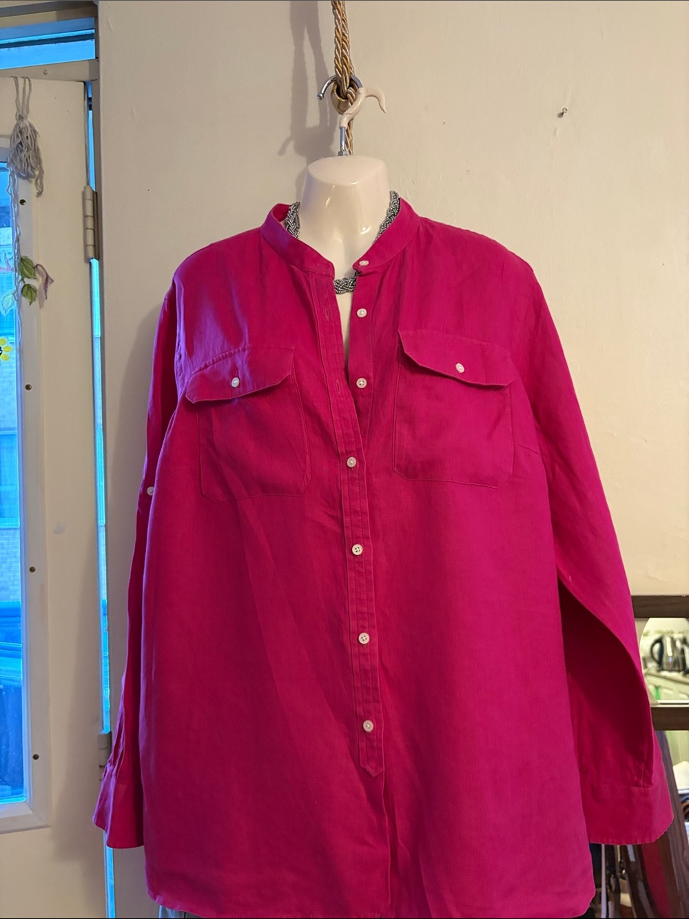 Lauren Ralph Lauren Bright Fuchsia Button-Front Blouse. Linen